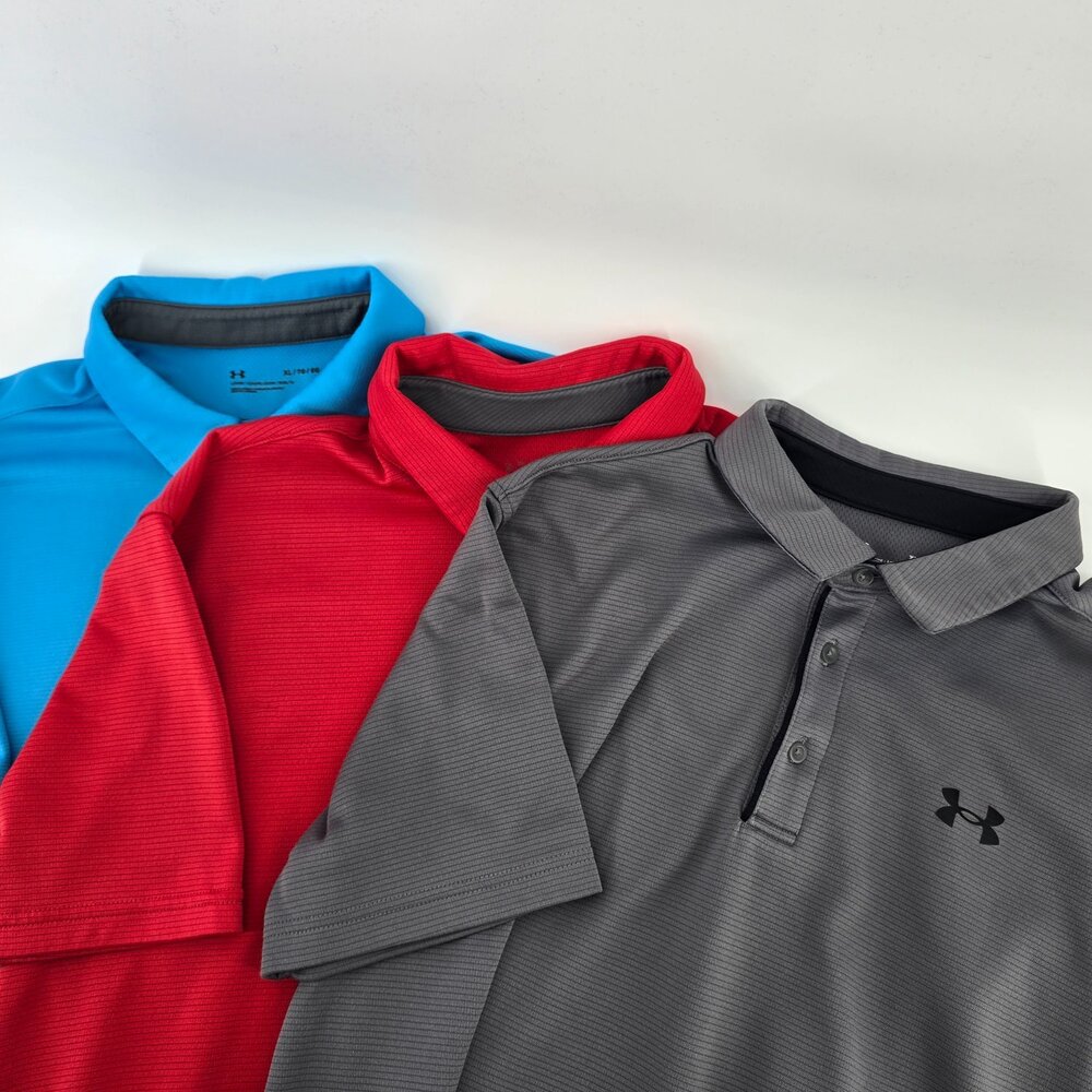 Under armour 3 Performance Polo Shirts Lot Mens 3pc Blue Red Gray Loose Size XL